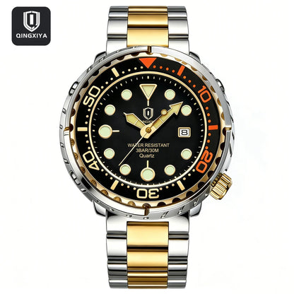 QINGXIYA Mens Watches Fashion Waterproof Luminous Date Rotating Dial High Quality Stainless Steel Luxury Brand Men Quartz Watch