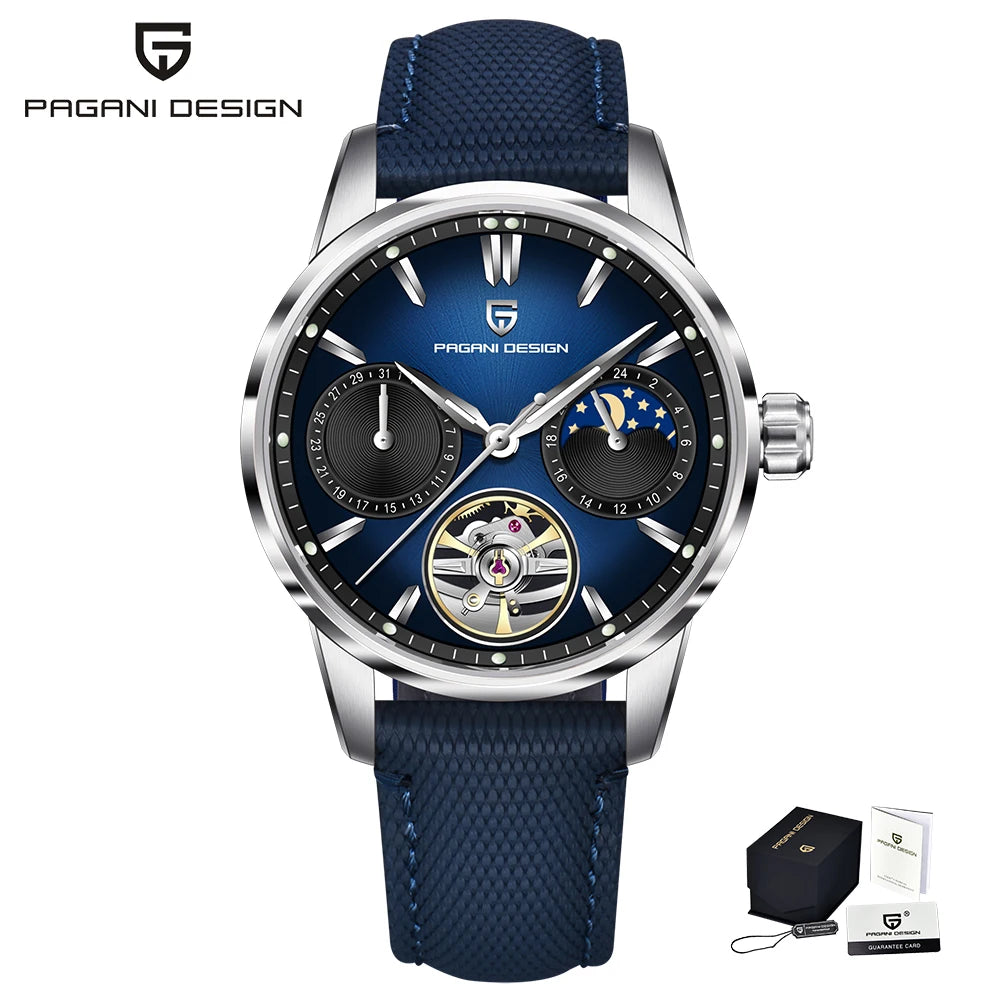 PAGANI DESIGN – luksuzni mehanički sat za muškarce, 41 mm, safirno staklo, kožni remen, vodootporan, u pilotskom stilu, s turbiljonom i fazama mjeseca