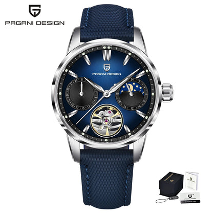 PAGANI DESIGN – luksuzni mehanički sat za muškarce, 41 mm, safirno staklo, kožni remen, vodootporan, u pilotskom stilu, s turbiljonom i fazama mjeseca