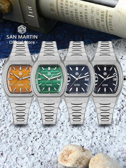 San Martin 39.5mm Tonneau Luxury Men Watch Mineral Dial Casual Sports PT5000 SW200 Automatic Mechanical Sapphire Luminous SN0145