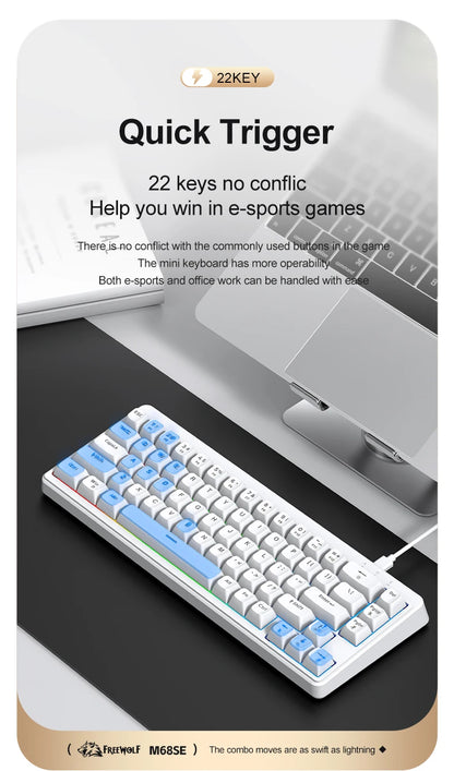 FREEWOLF M68SE Mini-Tastatur mit 68 Tasten, kabelgebunden, RGB-Hintergrundbeleuchtung, Type-C, 68-%-Layout, kompakt, für Gaming, Büro, PC und Laptop