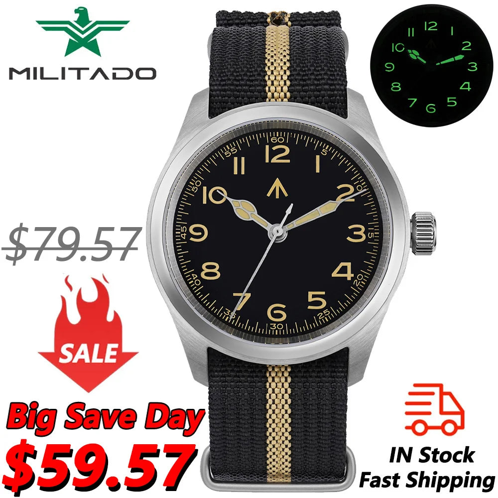 Militado ML08 38mm Quartz Watch VH31 Movement Double Domed Sapphire Crystal Wristwatch Super C3 Green Luminous Vintage Watches
