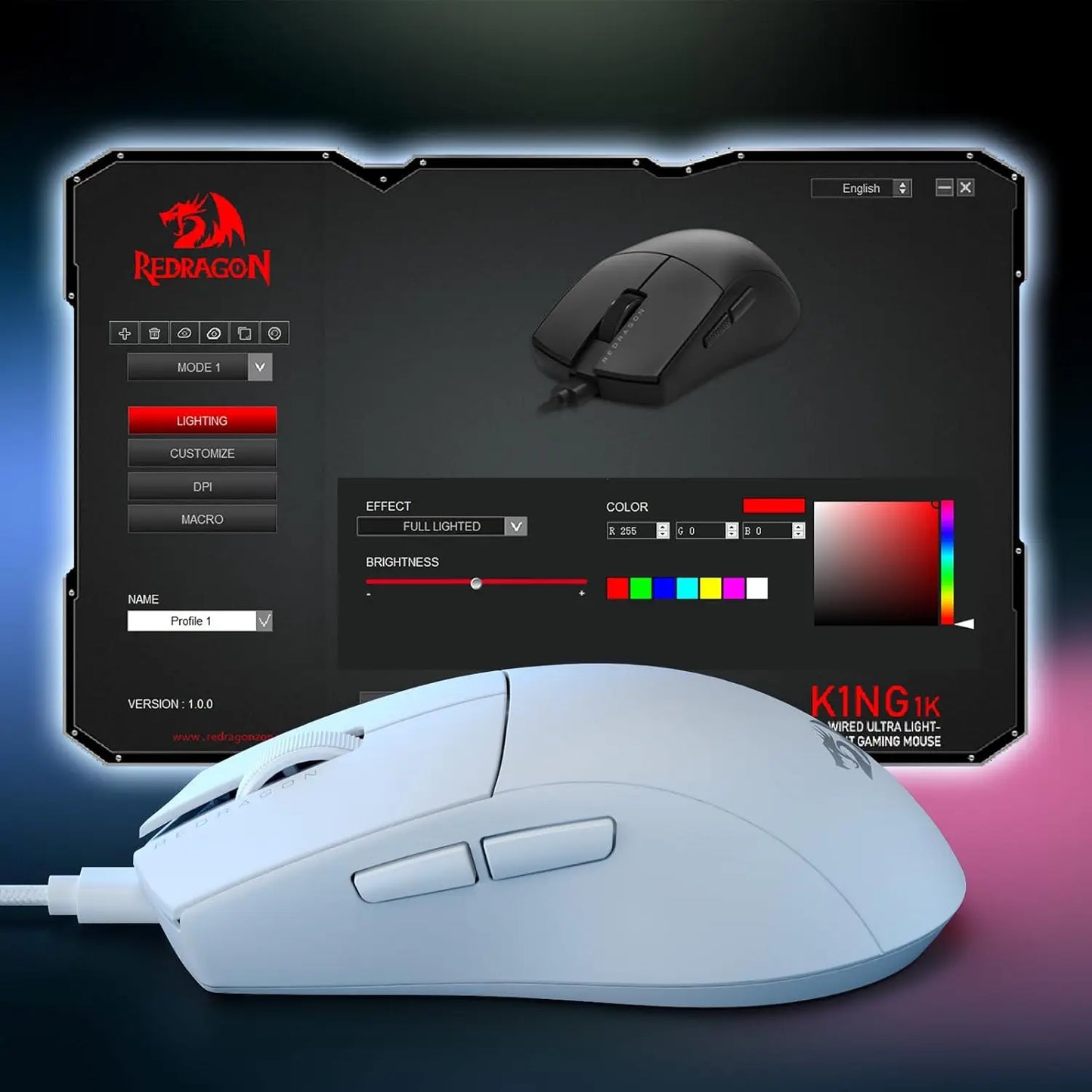 Rato Gaming Redragon M724 com Fio 42G Ultraleve, 12,400 DPI Máx., Ótico, 5 Botões Programáveis