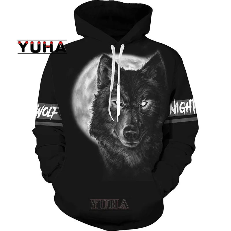 Sweatshirt com Capuz Unissexo Wolf com Impressão 3D, Pullover Cool com Gráfico Animal, Streetwear Masculino