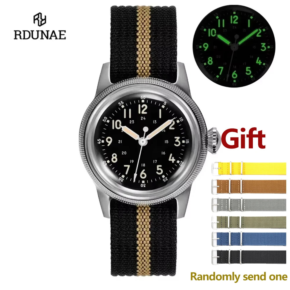 RDUNAE RA05 Vintage Military Watch 2035 Movement Quartz K1 Mineral Glass Crystal Stainless Steel Luminous Waterproof Men's Watches