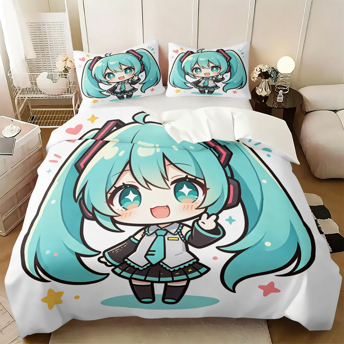 Hatsune Miku Chibi Style påslakanset – Söt anime-sängklädsel med örngott – Spelrum – Tonåringars och barns sovrumsinredning – Present till fans