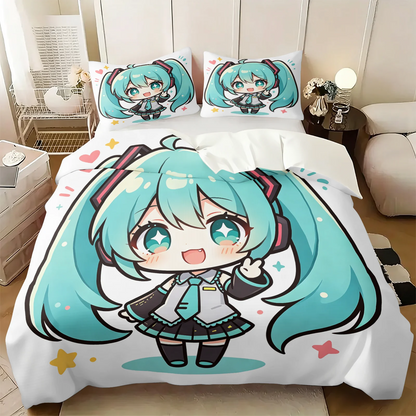 Hatsune Miku Chibi Style påslakanset – Söt anime-sängklädsel med örngott – Spelrum – Tonåringars och barns sovrumsinredning – Present till fans