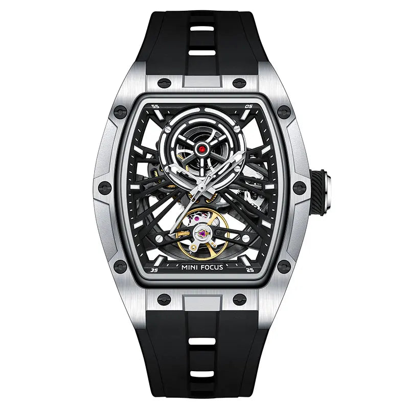 MINI FOCUS Orologio da polso da uomo fashion nero impermeabile, automatico meccanico, con lancette luminose, cinturino in silicone e quadrante tonneau