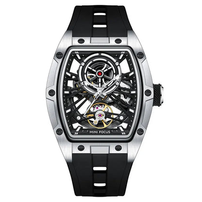 MINI FOCUS Orologio da polso da uomo fashion nero impermeabile, automatico meccanico, con lancette luminose, cinturino in silicone e quadrante tonneau