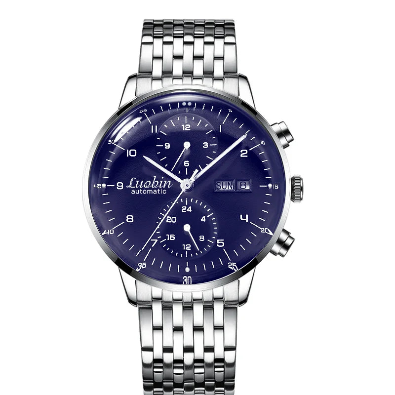 Men's Business Watch Mechanical Movement Multifunction Chronograph Stainless Steel Waterproof Automatic Calendar Sapphire