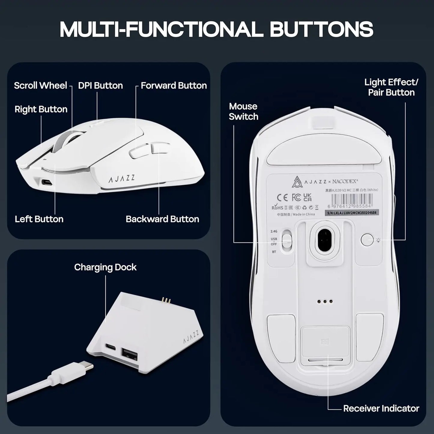 AJAZZ AJ139 V2 PRO Wireless Gaming Mouse, PAW3395/PAW3311 Sensor, 26000 DPI Bluetooth & 2.4GHz Wireless Gaming Mouse for PC, Laptop & Esports