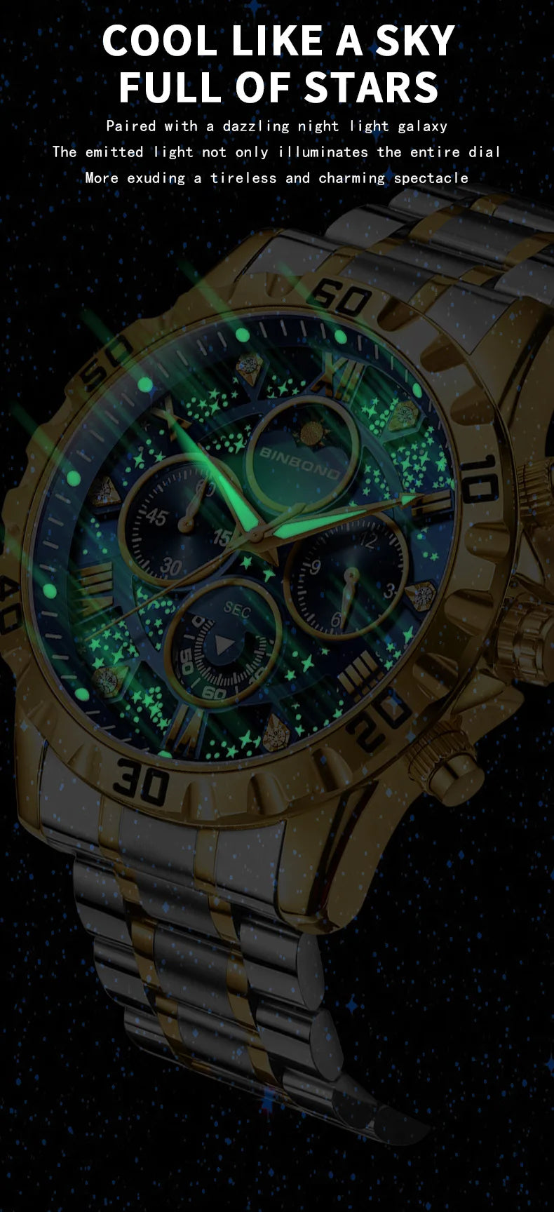 2026 Men Watch Light Luxury Business Steel Belt Moonphase Starry Night Light Waterproof Men's Fashion Quartz Clock Watches Gift