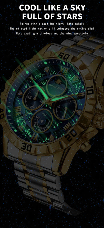 2026 Men Watch Light Luxury Business Steel Belt Moonphase Starry Night Light Waterproof Men's Fashion Quartz Clock Watches Gift