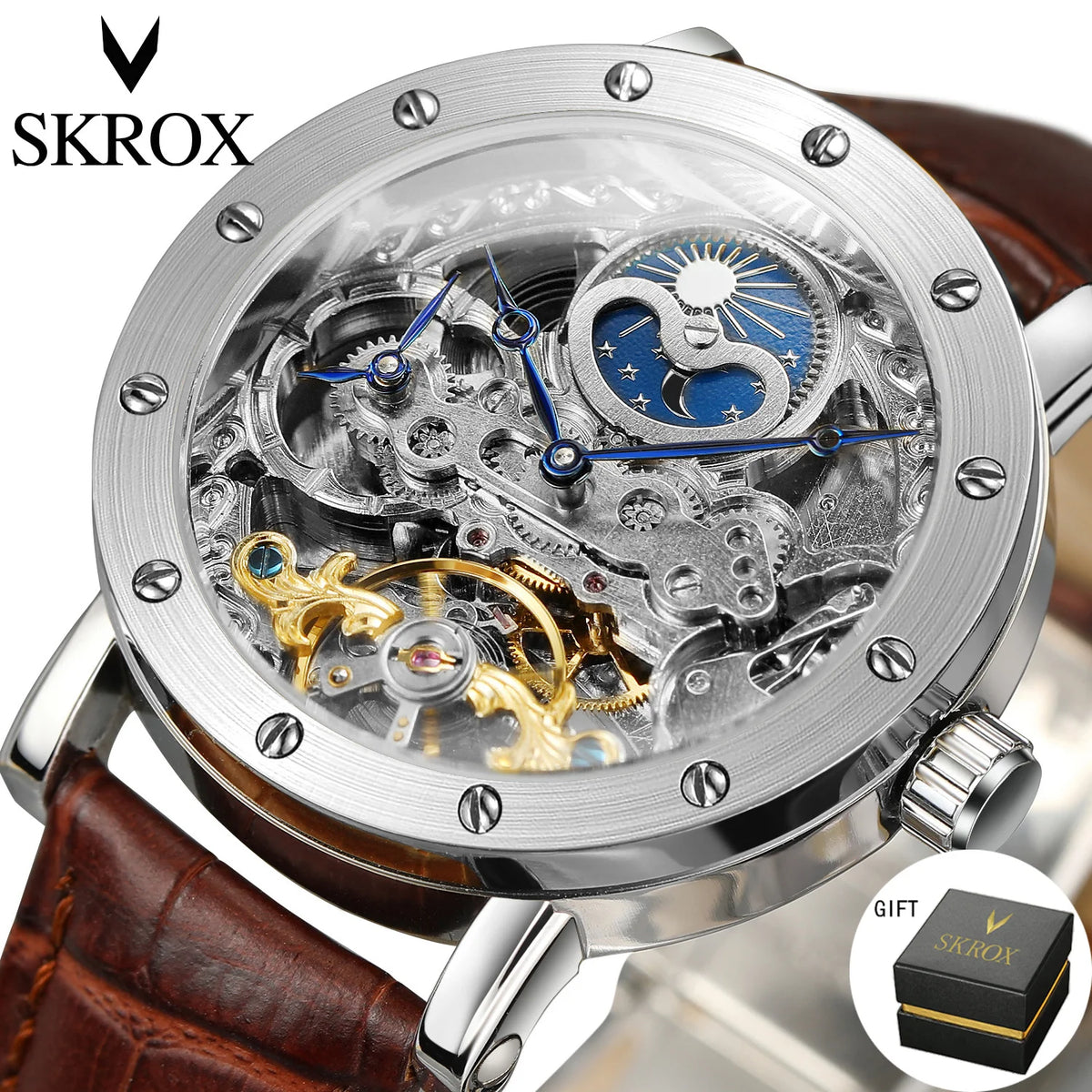 Avtomatska mehanska zapestna ura SKROX za moške, skeletni model s funkcijo GMT, prikazom luninih faz in turbijonom – elegantna in izvirna luksuzna ura najvišjega razreda.