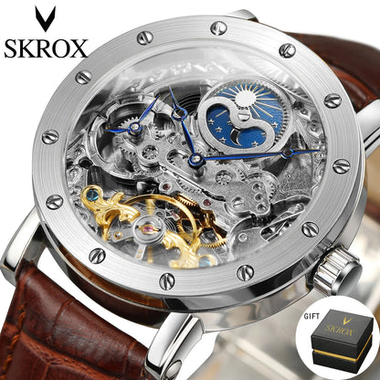Avtomatska mehanska zapestna ura SKROX za moške, skeletni model s funkcijo GMT, prikazom luninih faz in turbijonom – elegantna in izvirna luksuzna ura najvišjega razreda.