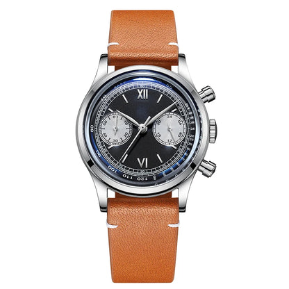 ADDIESDIVE AD2037 Men Quartz Watch Multifunctional 24 Hour Chronograph Black Dial Leather Watches  100m Dive Business Wristwatch