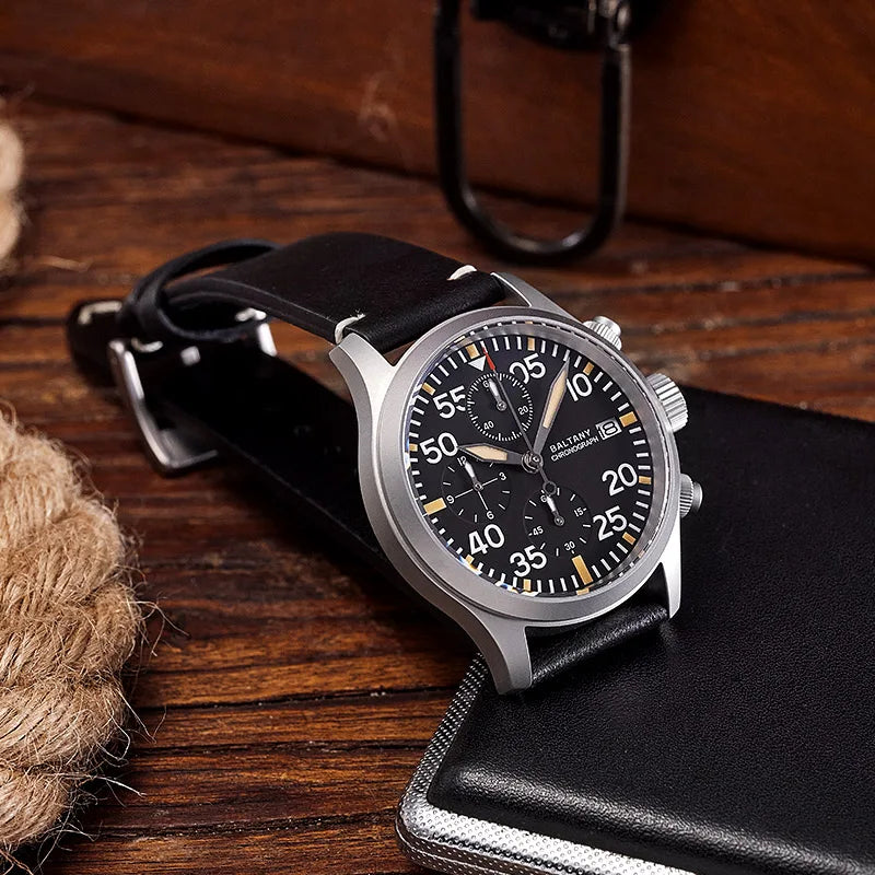 Baltany Quartz Chronograph S5045 Sunburst Blue Dial VK67 100M Stainless Steel Calendar Window Sapphire Vintage Military Watches