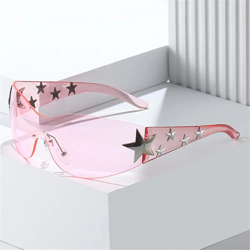 Rimless Y2K Sunglasses Women Men Punk Goggle Trendy Shield Sun Glasses UV400 3D Five Star Rhinestones Eyewear 2024
