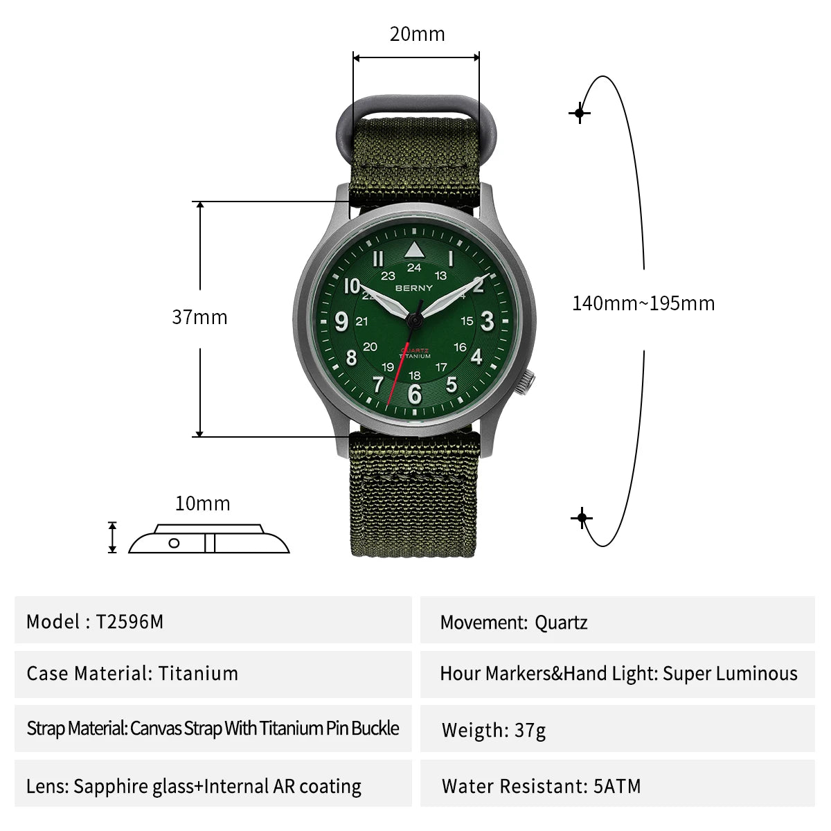 BERNY Titanium Watches for Men Super Luminous Sapphire Field Men's Watch Outdoor Quartz Wristwatch Lightweight 5ATM