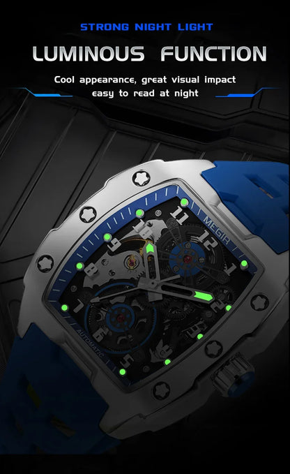MEGIR Fashion Sport Alloy Case Men Mechanics Watch Waterproof Silicone Band Barrel Shaped Dial Luminous Pointer Man Wristwatches