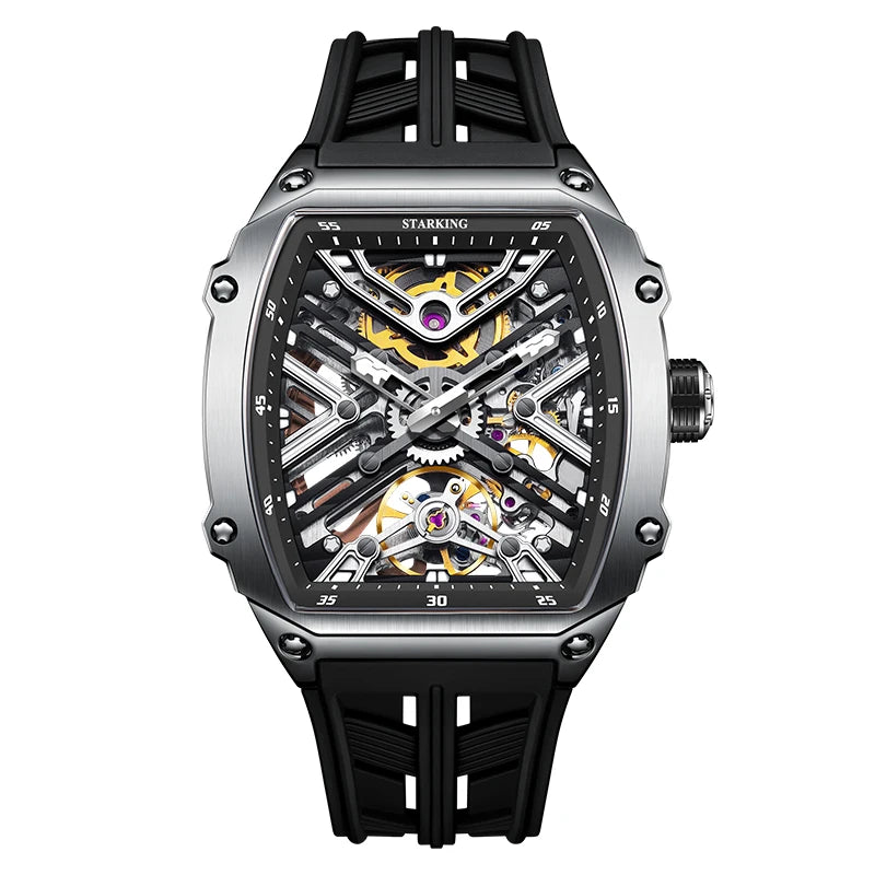 STARKING Men's Waterproof Sports Mechanical Watch, Wear-resistant Silicone Strap, Automatic, Luminous Tonneau Luxury Design