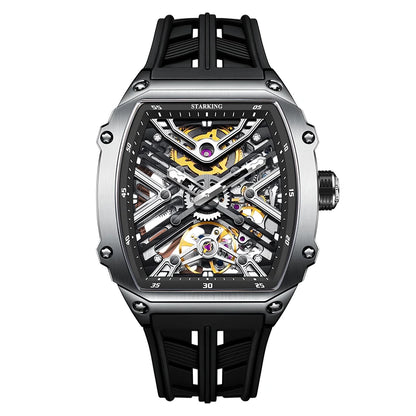 STARKING Men's Waterproof Sports Mechanical Watch, Wear-resistant Silicone Strap, Automatic, Luminous Tonneau Luxury Design