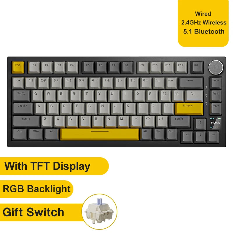 AJAZZ AK820 Pro Gaming Mechanical Keyboard 75% Wireless Bluetooth RGB Hot-Swappable Mechanical Keyboard with Volume Knob for PC, Mac & Laptop
