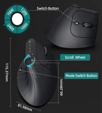 Mouse wireless ergonomic 2.4GHz BT RGB cu mod dual, pentru laptop, desktop și birou, silențios, vertical, pentru gaming