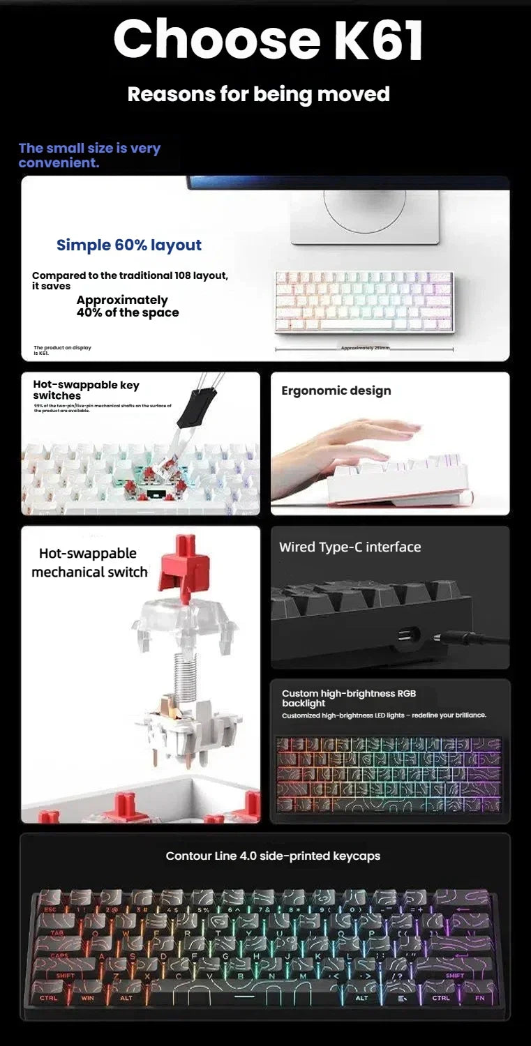 Clavier mécanique filaire K61 USB Mini Gaming, remplaçable à chaud, avec câble détachable