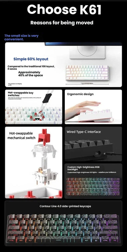 Clavier mécanique filaire K61 USB Mini Gaming, remplaçable à chaud, avec câble détachable