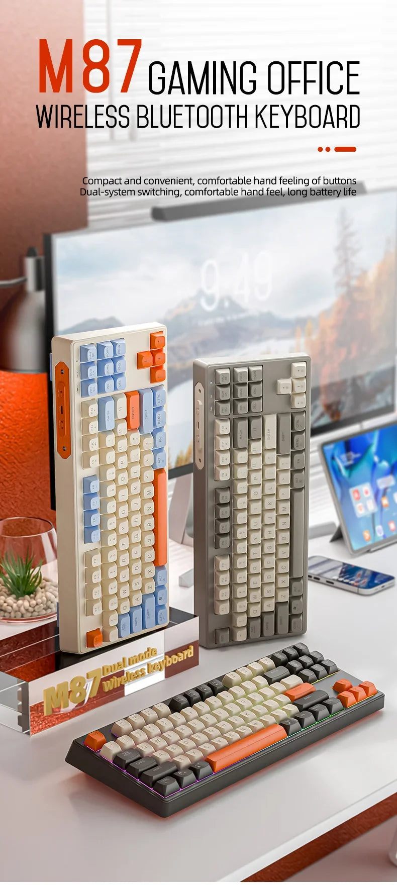 Teclado M87 inalámbrico Bluetooth de doble modo, sensación mecánica, gaming y oficina, silencioso, teclas esféricas PBT, luz arcoíris
