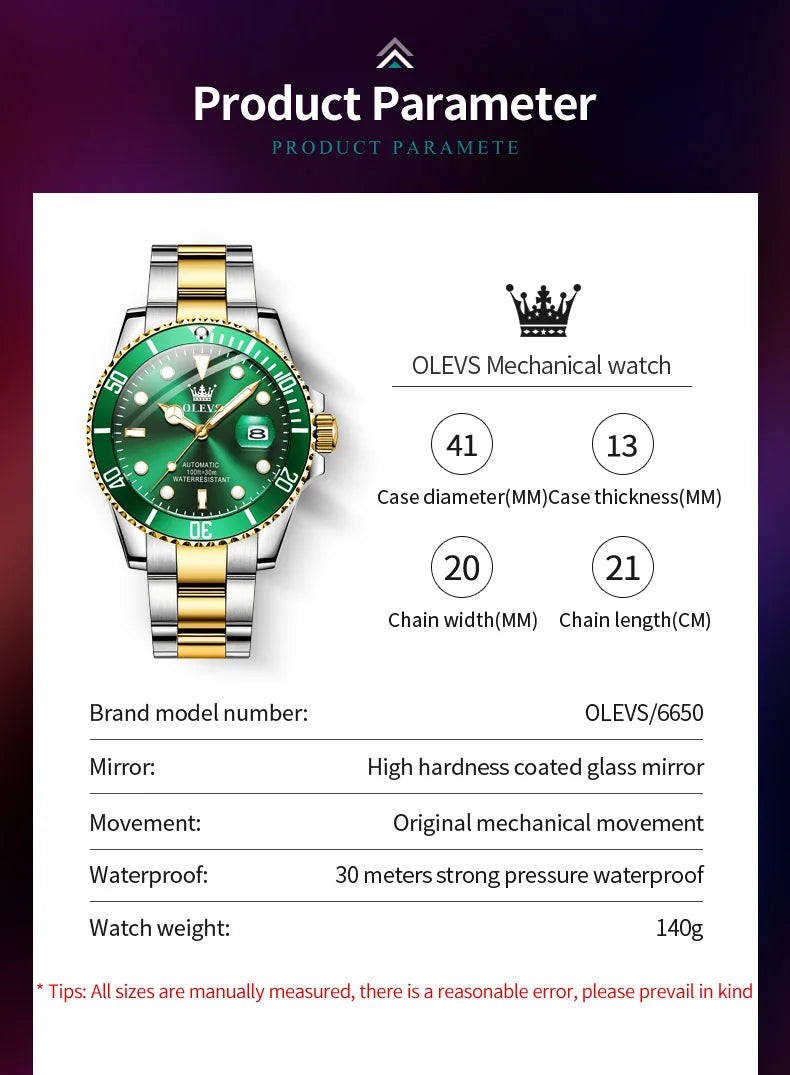 OLEVS Watches Man Fashion Luxury Automatic Mechanical Watch Waterproof Luminous Date Men's Watch Waterproof Luminous Box Gift