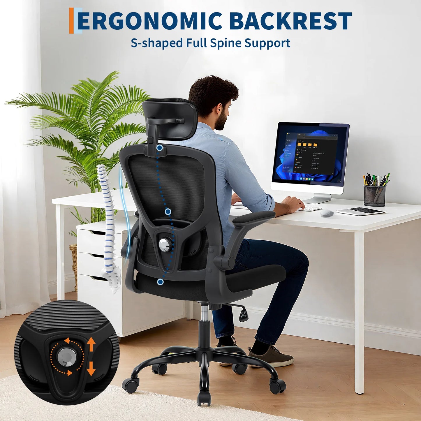 Ergonomic High Back Mesh Office Chair Adjustable 2D Headrest Lumbar Support Rotatable Arms Reclining Swivel Desk Chair for Home