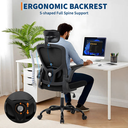 Ergonomic High Back Mesh Office Chair Adjustable 2D Headrest Lumbar Support Rotatable Arms Reclining Swivel Desk Chair for Home