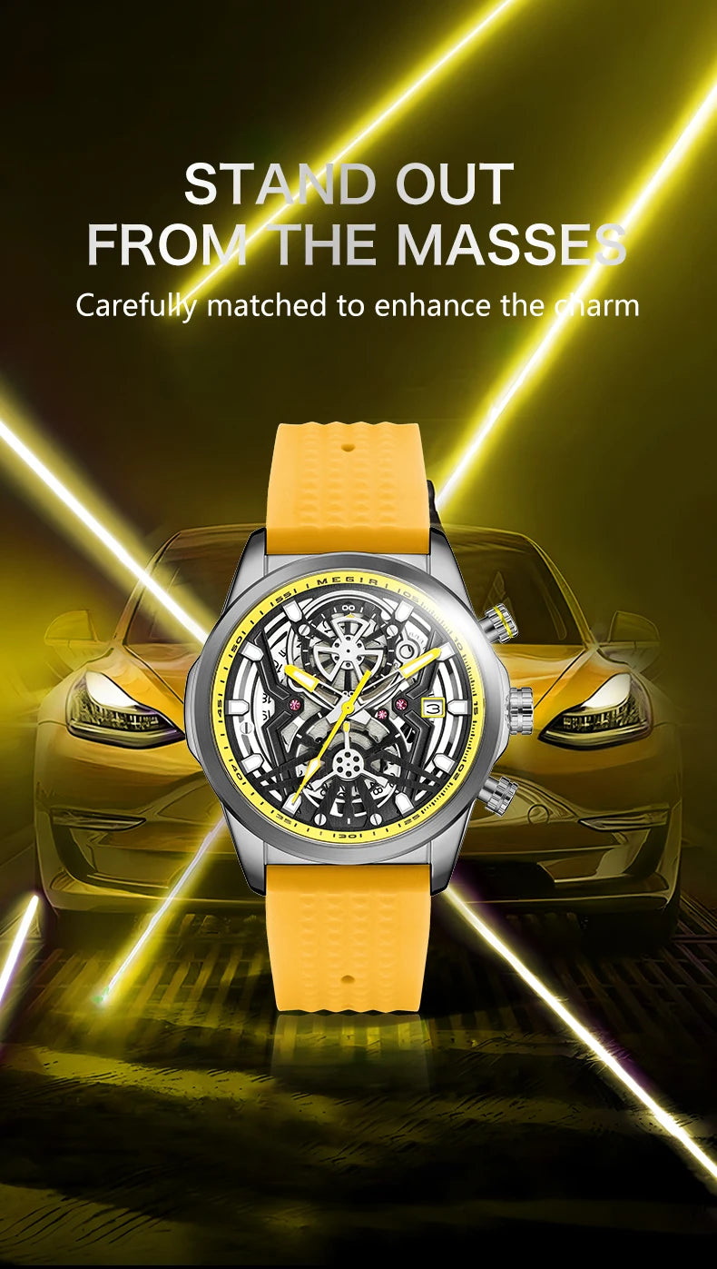 MEGIR Chronograph Quartz Watch Men Fashion Waterproof Yellow Silicone Strap Sport Wristwatch with Luminous Hands Auto Date 2235