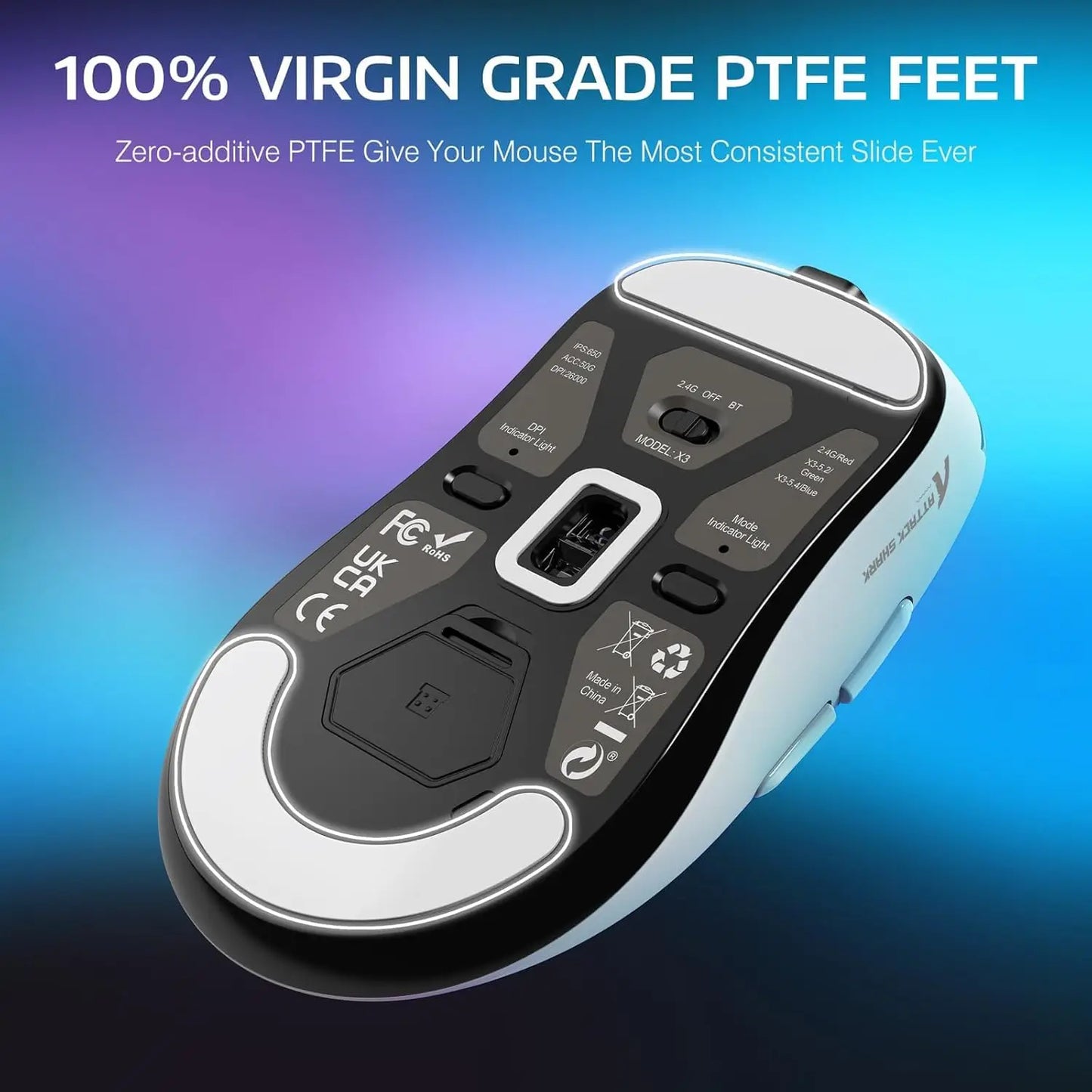 Mouse de gaming wireless Bluetooth Attack Shark X3Pro, PixArt PAW3395, 26000dpi, mouse optic, conexiune tri-mode, mouse de gaming cu macrocomenzi
