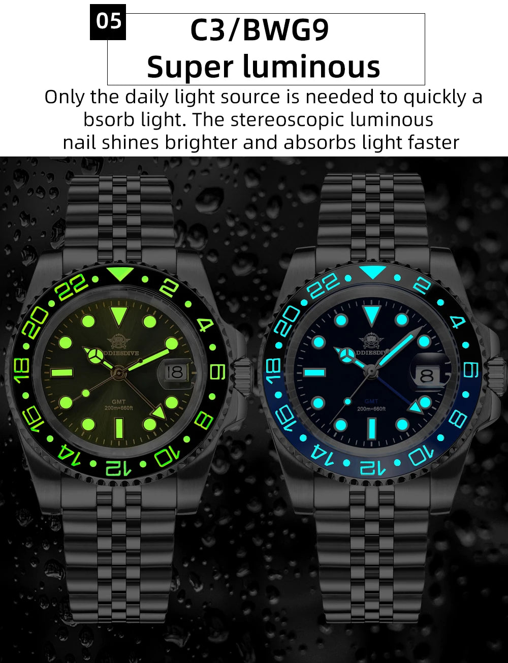 ADDIESDIVE Watch For Man Quartz GMT 20Bar Waterproof BGW9 Super Luminous 316L Stainless Steel Ceramic Bezel Watch