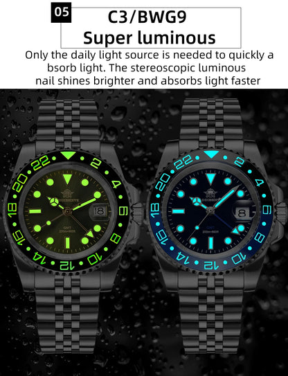 ADDIESDIVE Watch For Man Quartz GMT 20Bar Waterproof BGW9 Super Luminous 316L Stainless Steel Ceramic Bezel Watch