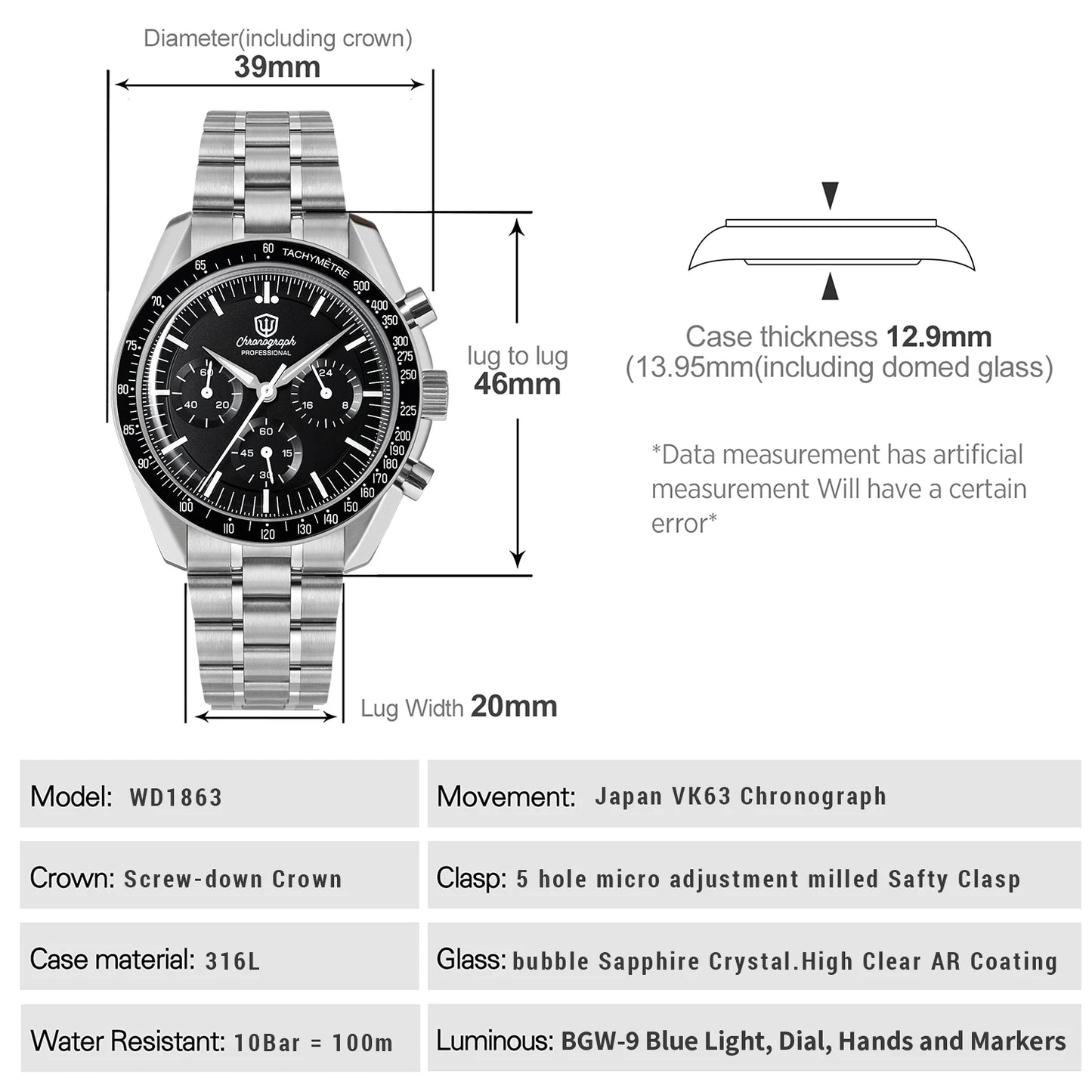 Watchdives New Wd1863 Quartz Men's Watch VK63 Chronograph Bubble Sapphire Waterproof 39Mm Steel Top Brand Luxury Business Watch