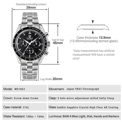 Watchdives New Wd1863 Quartz Men's Watch VK63 Chronograph Bubble Sapphire Waterproof 39Mm Steel Top Brand Luxury Business Watch