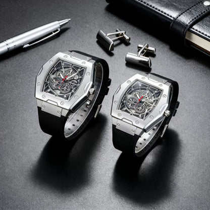 New Fashion Luxury Man Tonneau Hollow Skeleton Faux Mechanical Watch Men Militray Sports Silicone Quartz Watches Reloj Hombre