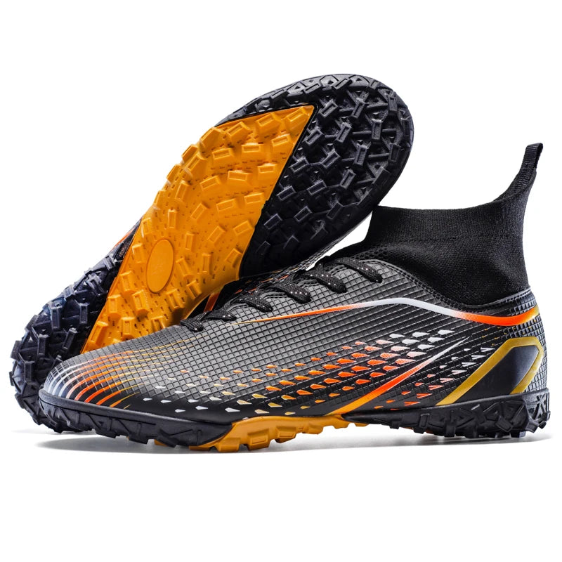 Chaussures de football à crampons multiples, semelle extérieure en caoutchouc à crampons courts et denses, semelle intermédiaire en EVA amortissante, tige synthétique douce et respirante, confort