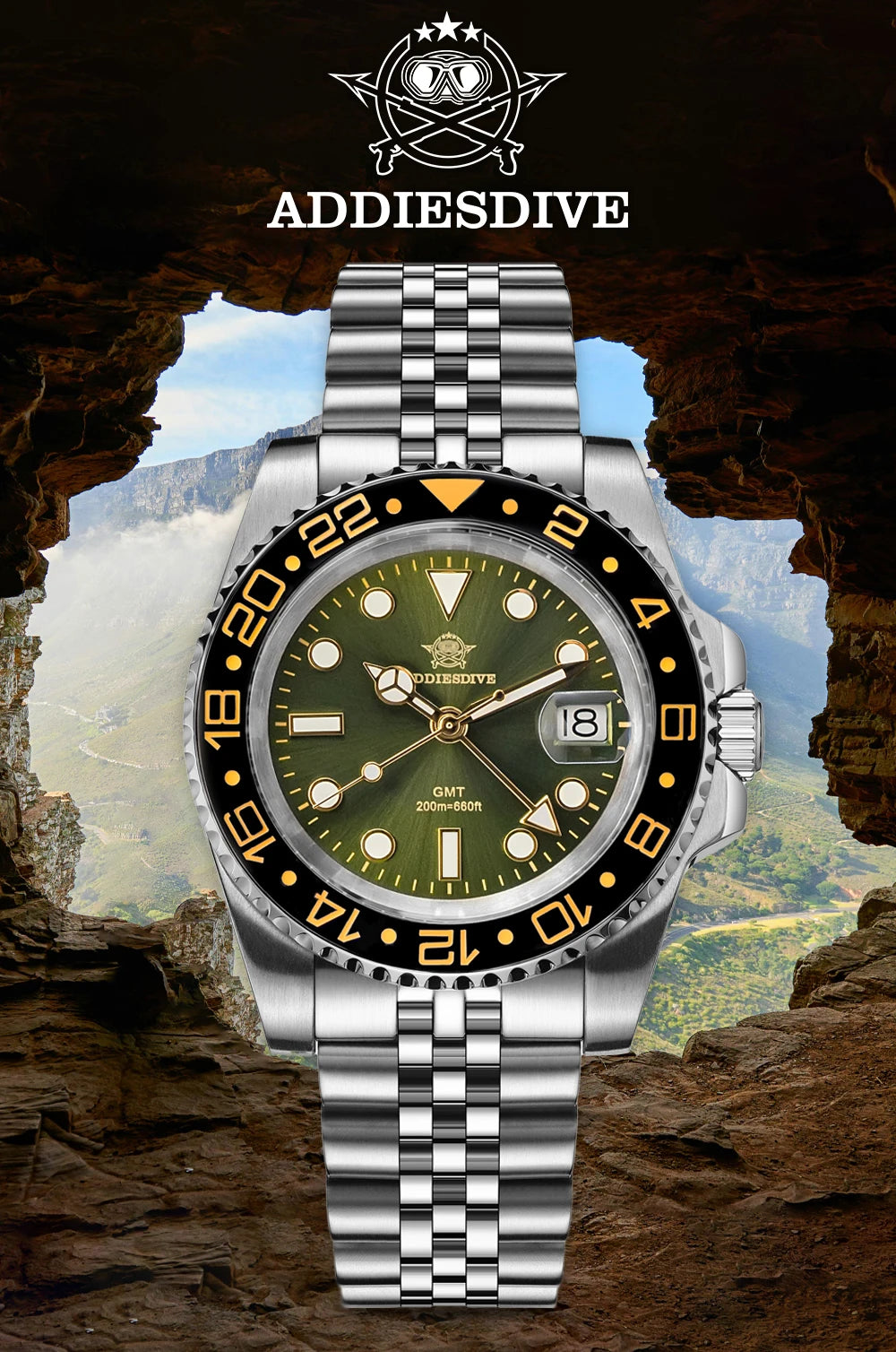 ADDIESDIVE Watch For Man Quartz GMT 20Bar Waterproof BGW9 Super Luminous 316L Stainless Steel Ceramic Bezel Watch