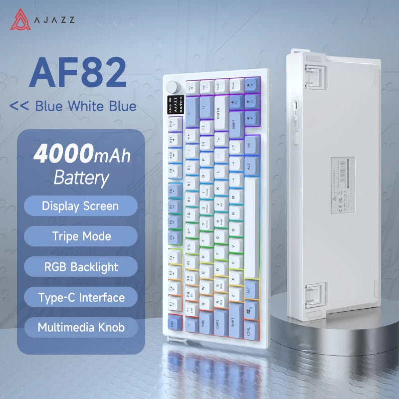 AJAZZ AF82 Low-Profile Electrostatic Keyboard Tri-Mode Wireless 75% Mechanical Gaming Keyboard with Display Screen, Hot-Swappable, 4000mAh Battery