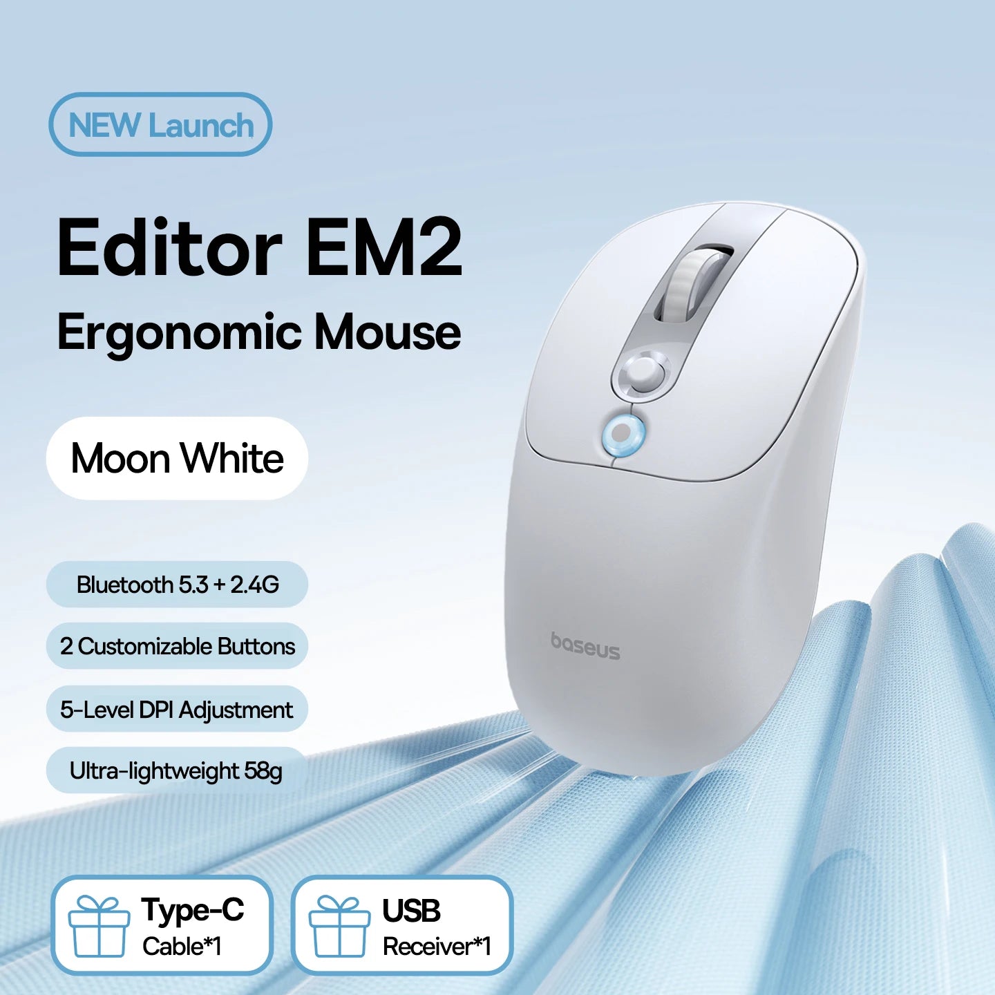 【NOVO】Baseus EM2 ergonomski bežični miš Bluetooth 5.3 2.4G, Type-C punjenje, ultra lagan, tih, s prilagodljivim tipkama