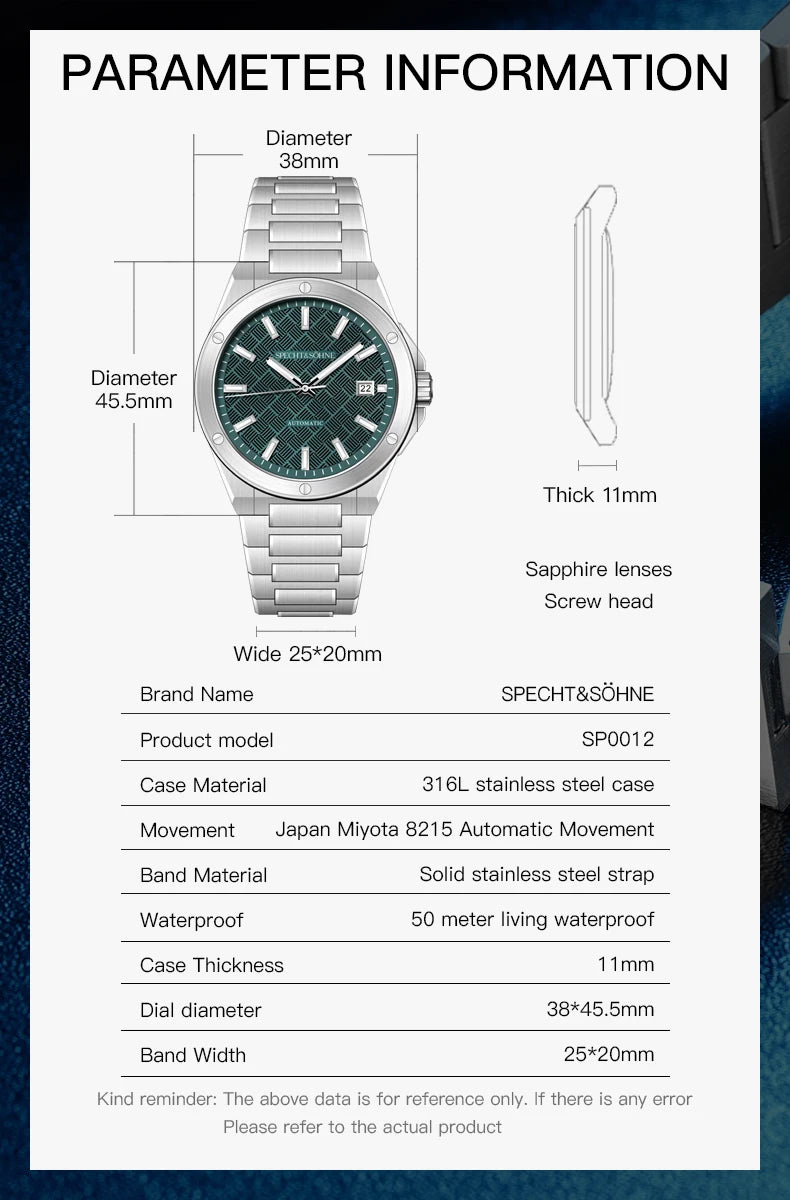 Relógio Masculino Specht&Sohne 2025 Novo 38MM Automático, Movimento Japonês Miyota 8215, Aço, Vidro de Safira, Reloj Homb Impermeável