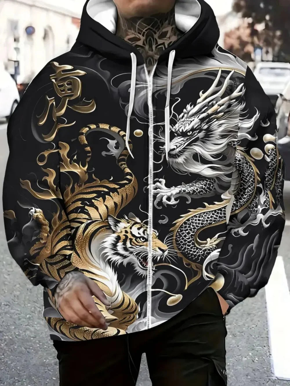Men's Dragon Print Zipper Hoodie Outdoor Activities Travel Drawstring Long Sleeve Hoodies Autumn Winter Oversize Man Sweatshirts