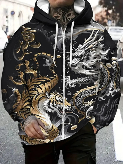 Men's Dragon Print Zipper Hoodie Outdoor Activities Travel Drawstring Long Sleeve Hoodies Autumn Winter Oversize Man Sweatshirts