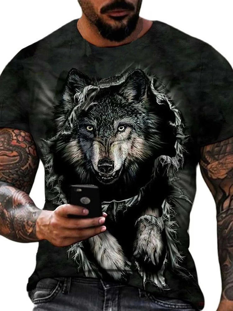 Different Pupil Wolf Print Men's T-shirt Men's Daily Casual T-shirt Urban Street Fashion Short-sleeved Summer Outdoor Sports Tee