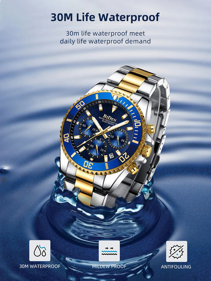 BIDEN Multi-functional men's quartz watch luxury waterproof night light business style diving series casual fashion watch